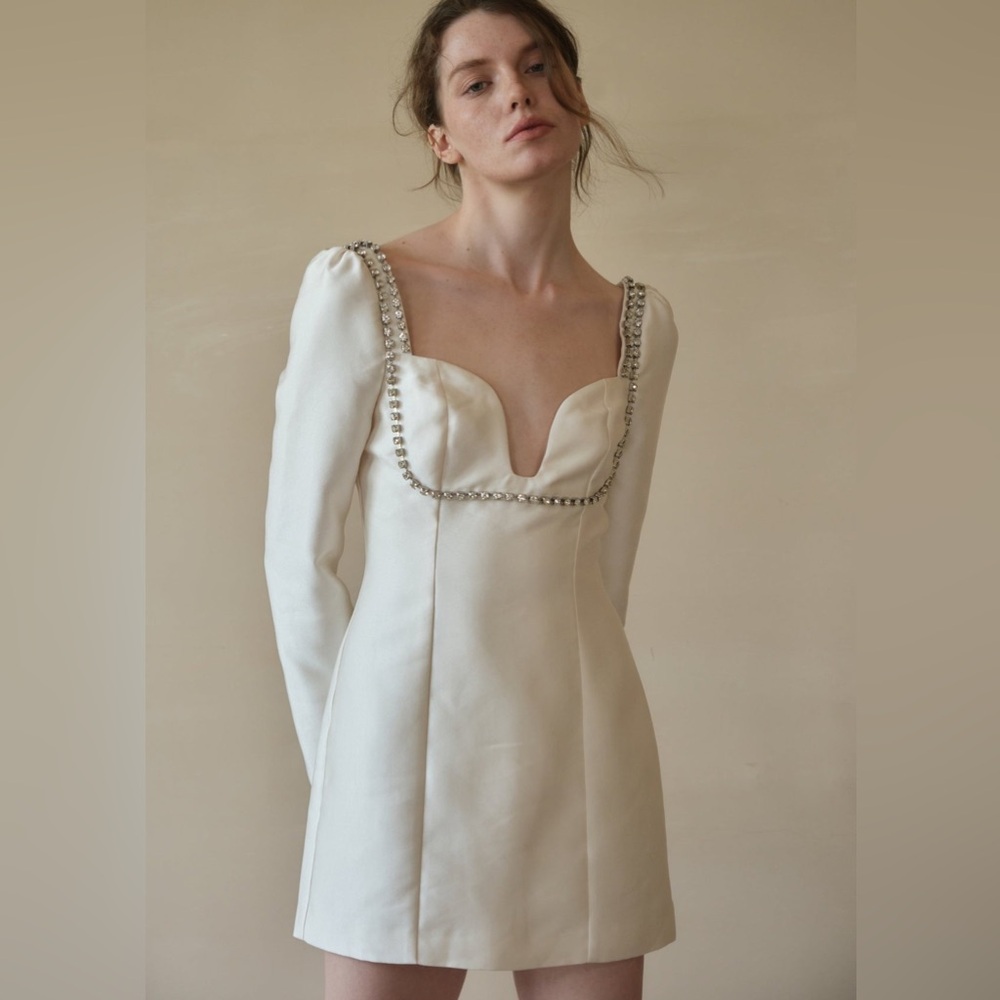 Maison Amory cream rhinestone long sleeve mini dress nwt